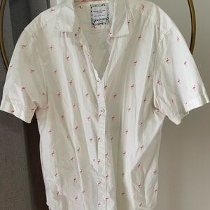 White with Pink Flamingo Casual Button Down Shirt